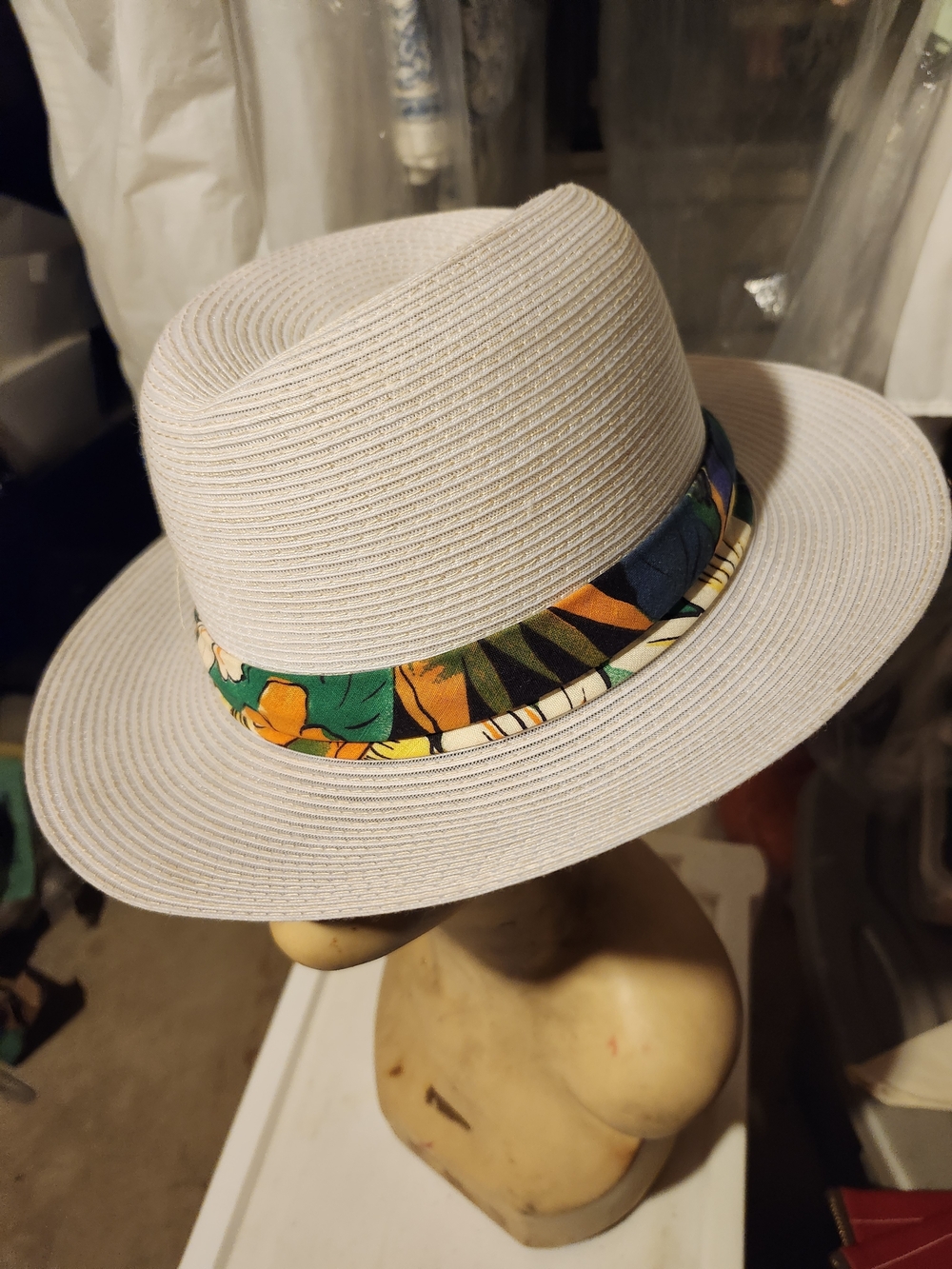 Wide-Brim Straw Fedora with Tropical Band - Cream